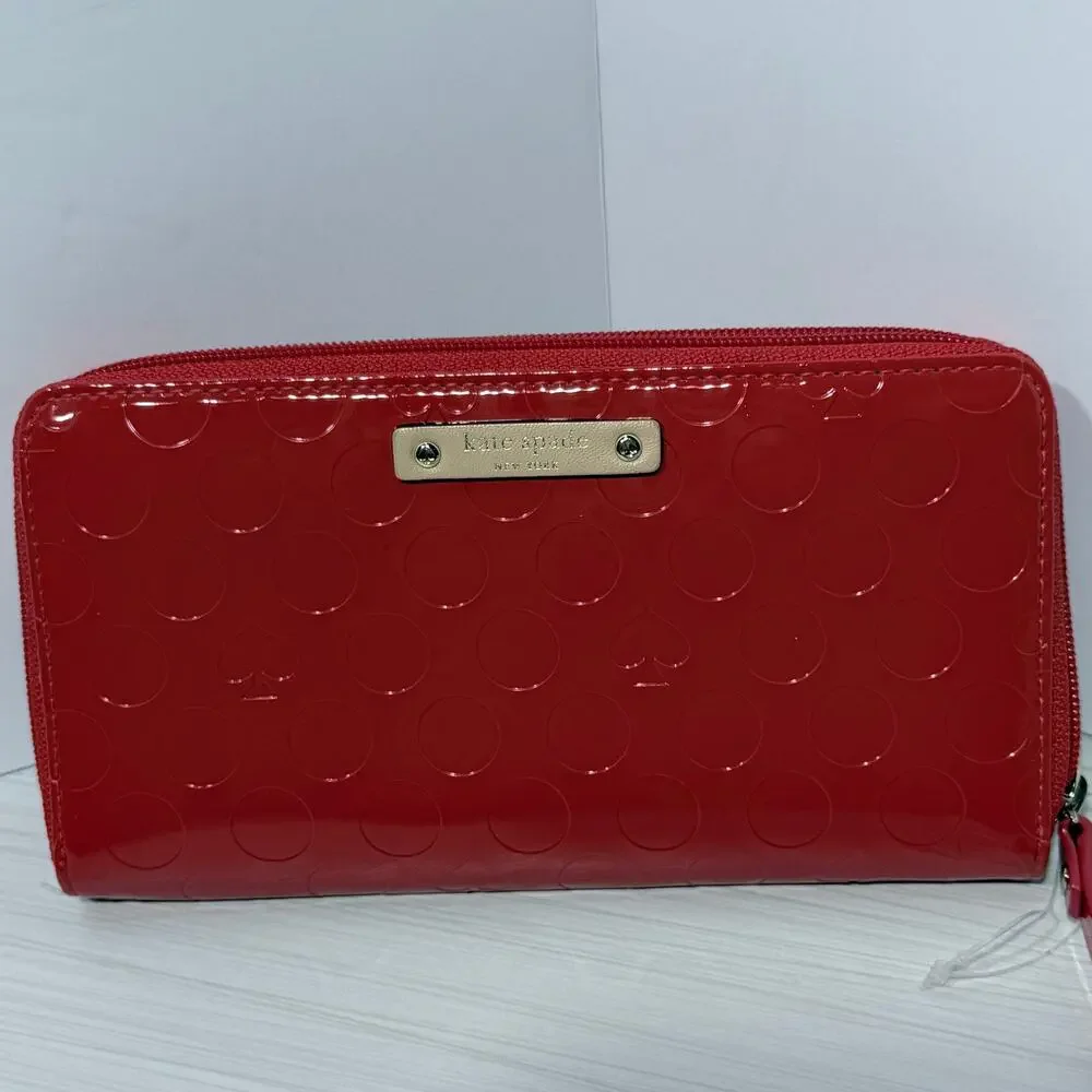 Kate Spade Red Patent Leather Embossed Spade and Circle Motif Full Zip Wallet